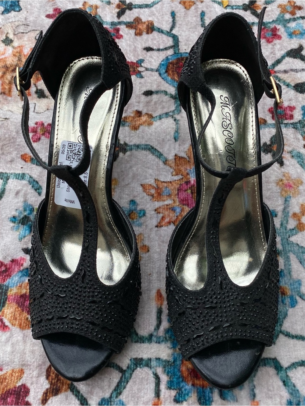 Black T-Strap MaryJane Peep Toe Heels with Ankle Buckle